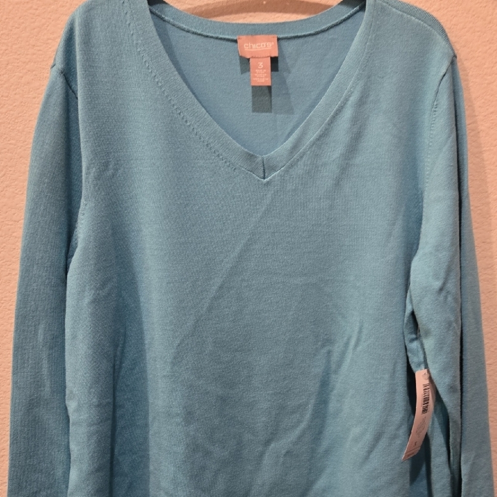 CHICO'S V-Neck Sweater / Turquoise / sz 3 (NWT)
